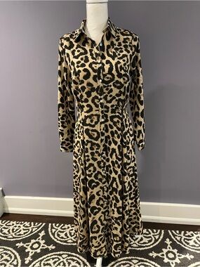 Leopard Print Long Sleeve Shirt Dress - Beige/Black